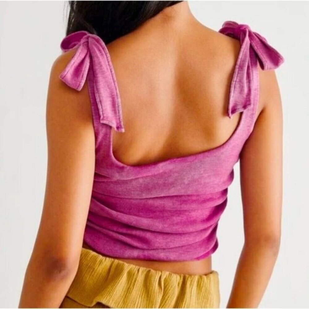 Free People ✦ Boulevard Tank ✦ Dragonfruit Pink Tie Straps Ruched Bodice XS NWOT - Picture 8 of 11